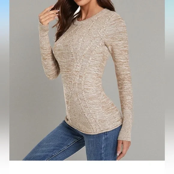 AmélieBoutik Women Cotton Blend Crewneck Long Sleeve Cable Knit Pullover Sweater - Picture 5 of 7